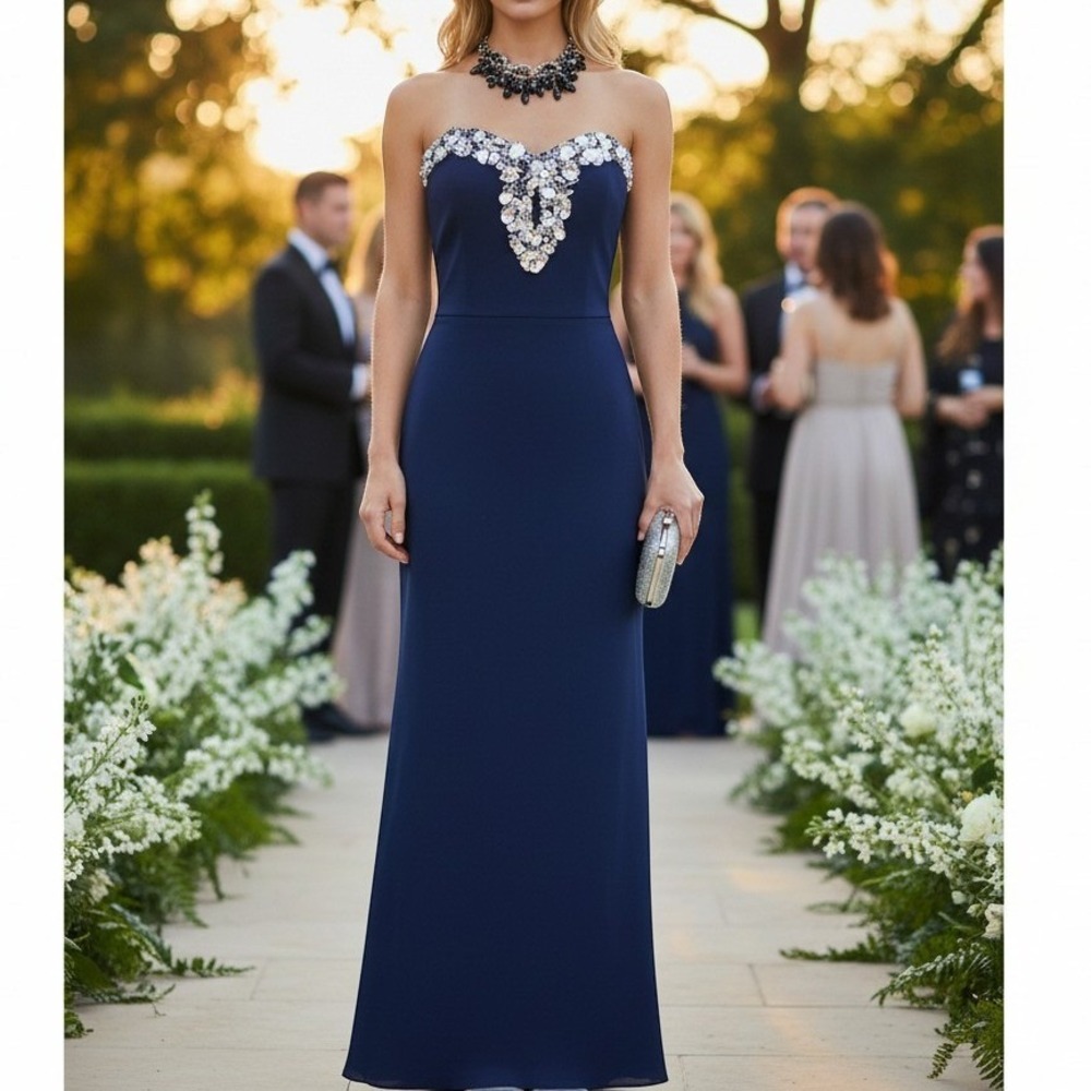 Badgley Mischka‎ Dress 4 Blue Strapless Sequin Embellished Gown Formal 3858